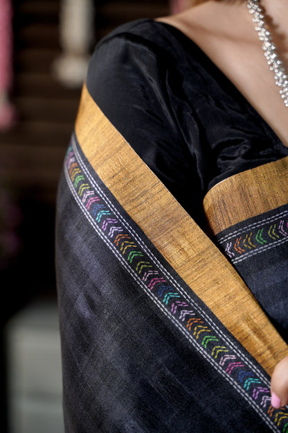 KARIGARI - Midnight Blue Katha Silk Saree