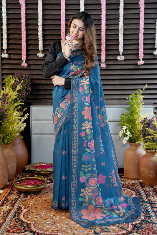 INDIE BLOOM – Floral Printed Blue Chanderi Saree