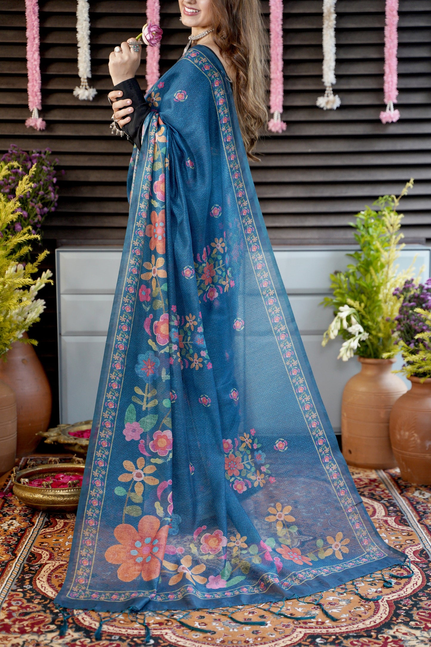 INDIE BLOOM – Floral Printed Blue Chanderi Saree