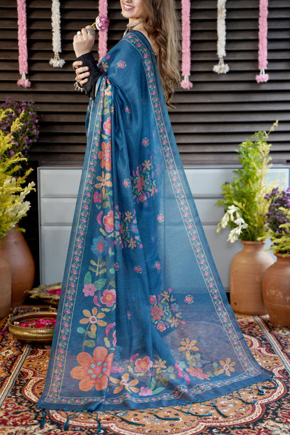 INDIE BLOOM – Floral Printed Blue Chanderi Saree