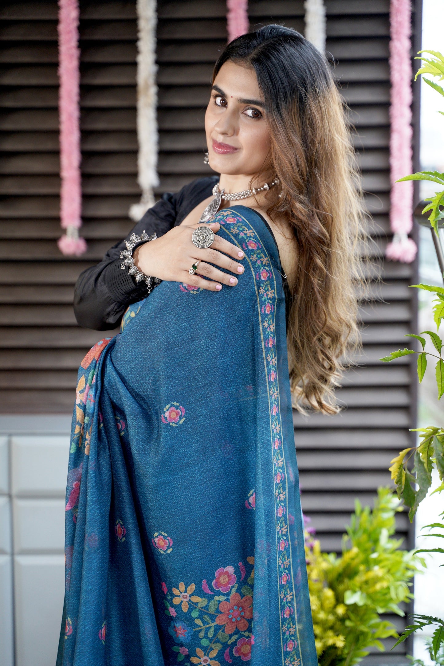 INDIE BLOOM – Floral Printed Blue Chanderi Saree