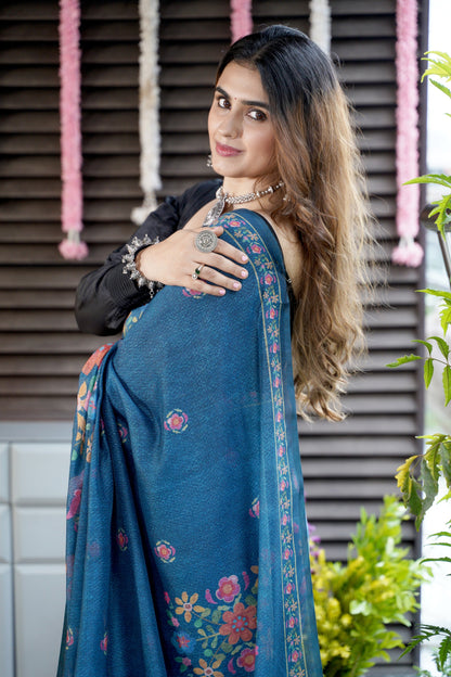 INDIE BLOOM – Floral Printed Blue Chanderi Saree