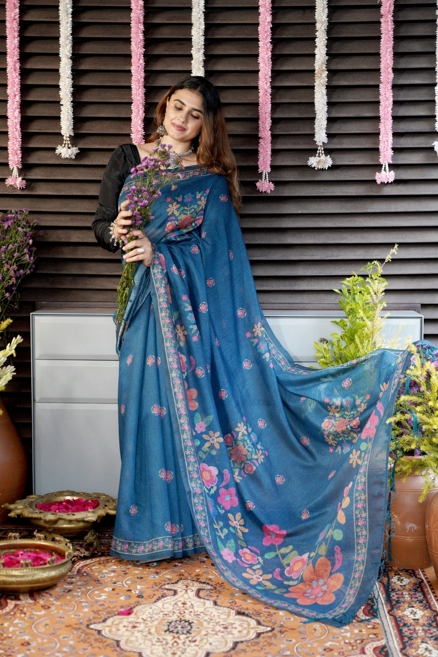INDIE BLOOM – Floral Printed Blue Chanderi Saree