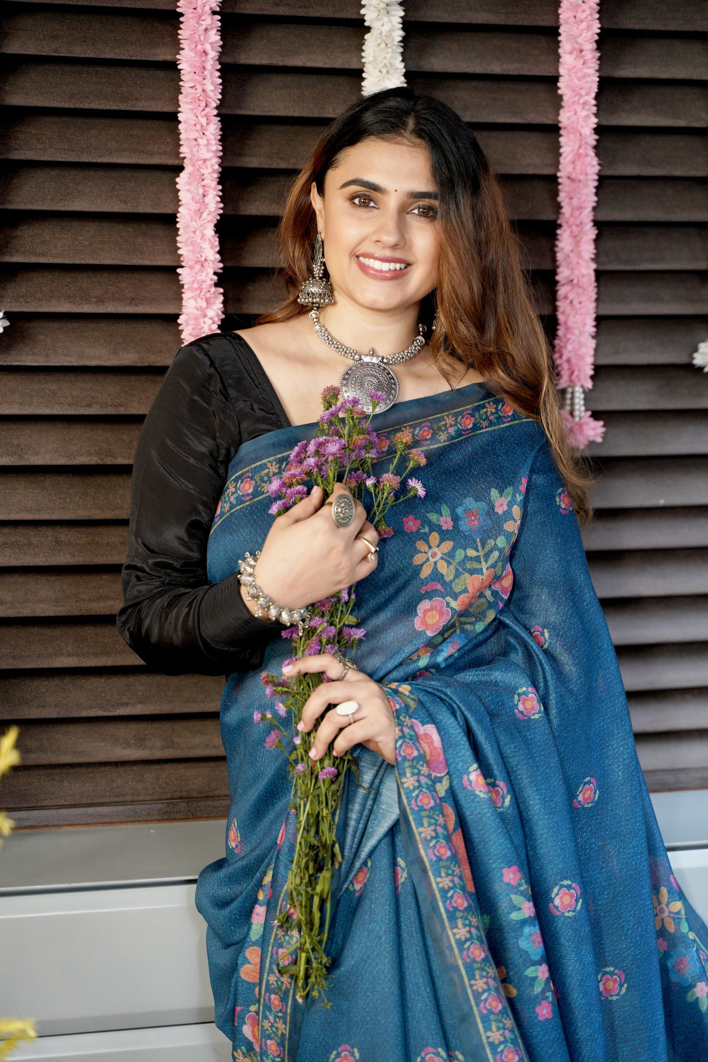 INDIE BLOOM – Floral Printed Blue Chanderi Saree