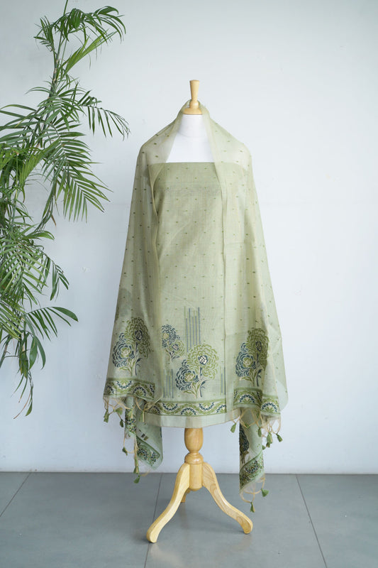 MEADOW MUSE- Light Green Floral Pure Chanderi Slub Unstiched Suit Set