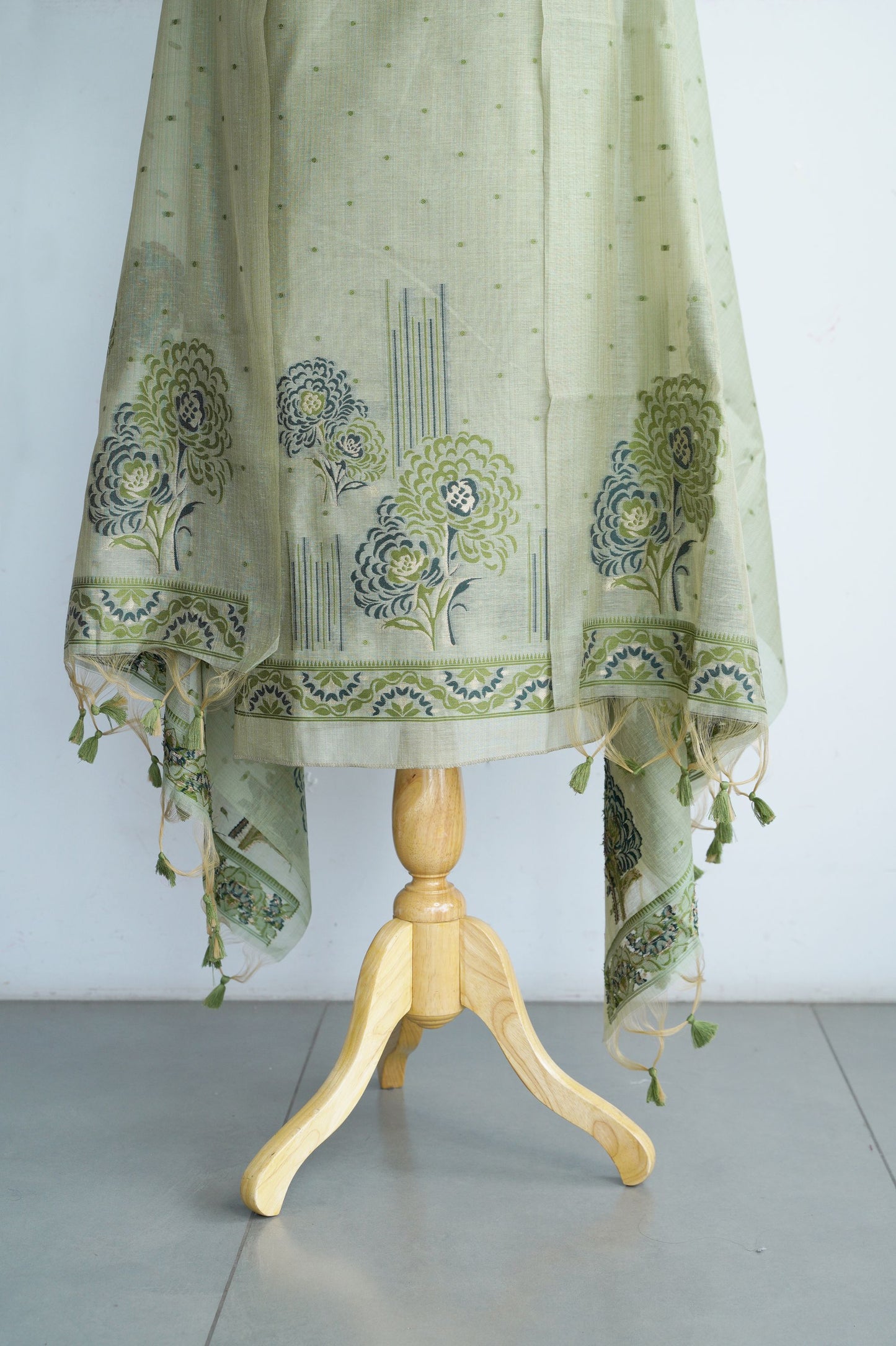 MEADOW MUSE- Light Green Floral Pure Chanderi Slub Unstiched Suit Set