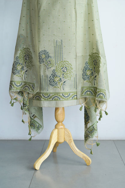 MEADOW MUSE- Light Green Floral Pure Chanderi Slub Unstiched Suit Set