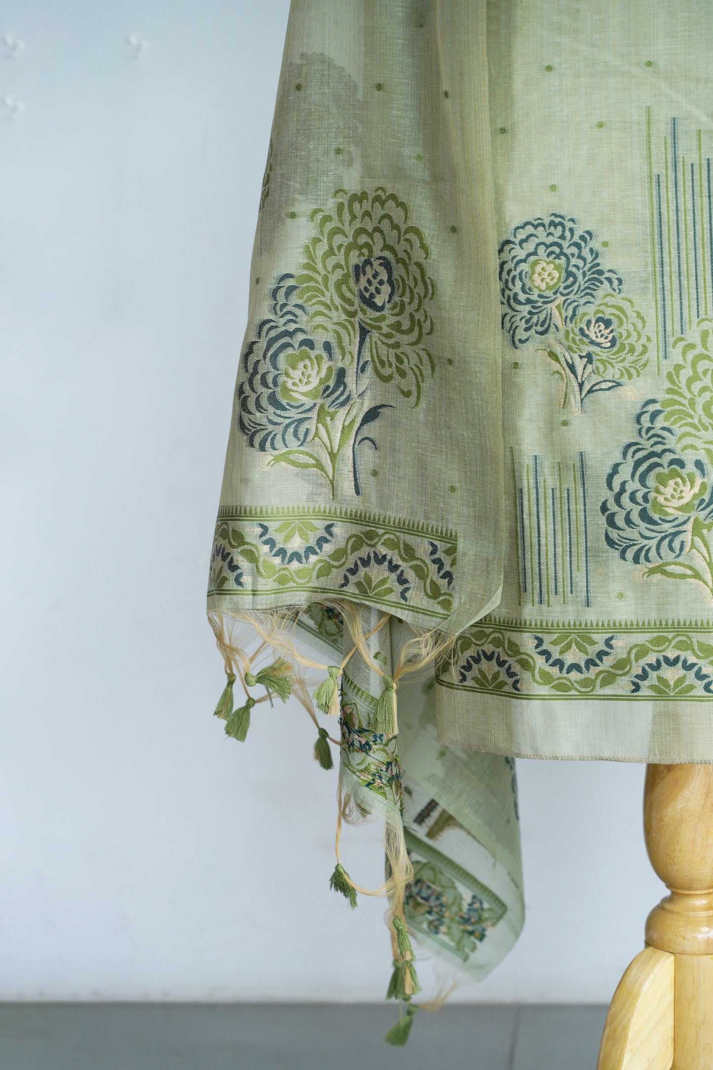 MEADOW MUSE- Light Green Floral Pure Chanderi Slub Unstiched Suit Set