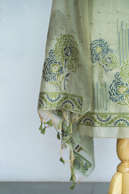 MEADOW MUSE- Light Green Floral Pure Chanderi Slub Unstiched Suit Set