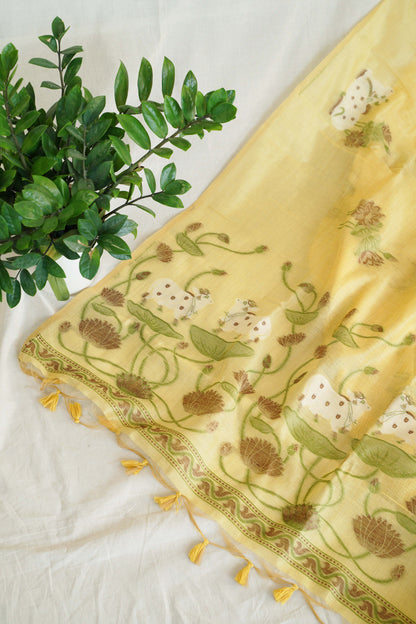 PICHWAI PHOOL- Yellow Pure Monga Cotton Handwoven Pichwai  Saree