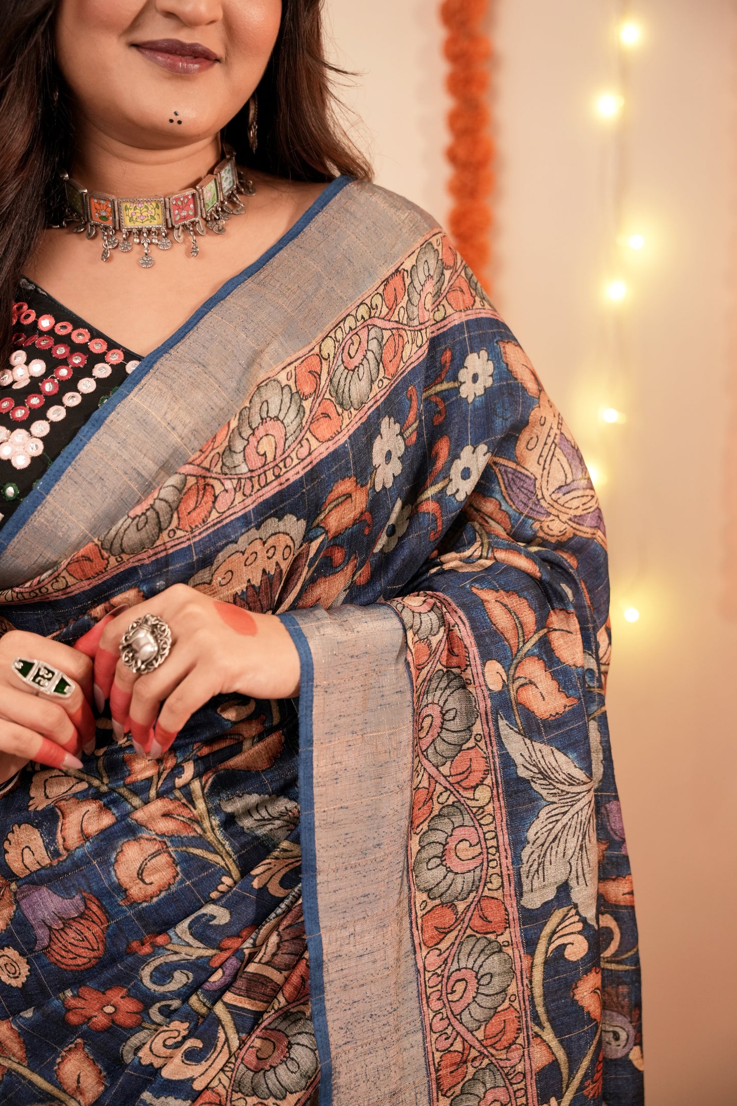 INDIGO VAANI – Floral Printed Blue German Silk Saree