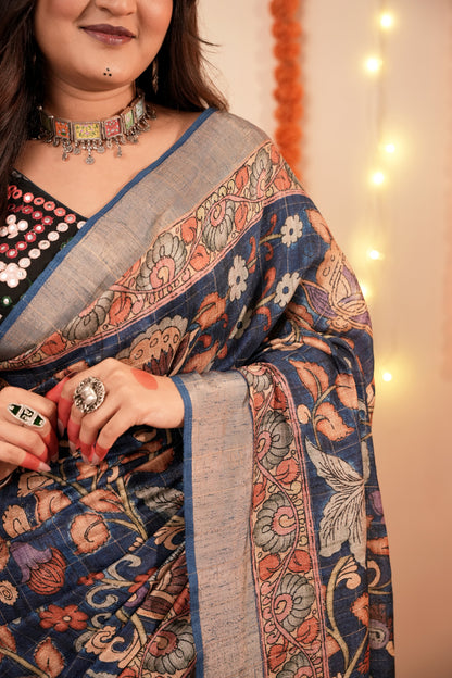 INDIGO VAANI – Floral Printed Blue German Silk Saree