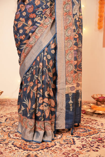 INDIGO VAANI – Floral Printed Blue German Silk Saree