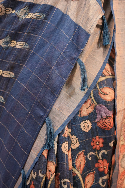 INDIGO VAANI – Floral Printed Blue German Silk Saree