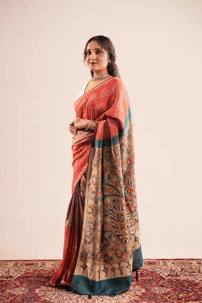 KUMKUM KATHA- Bandej Fusion Red Printed Saree