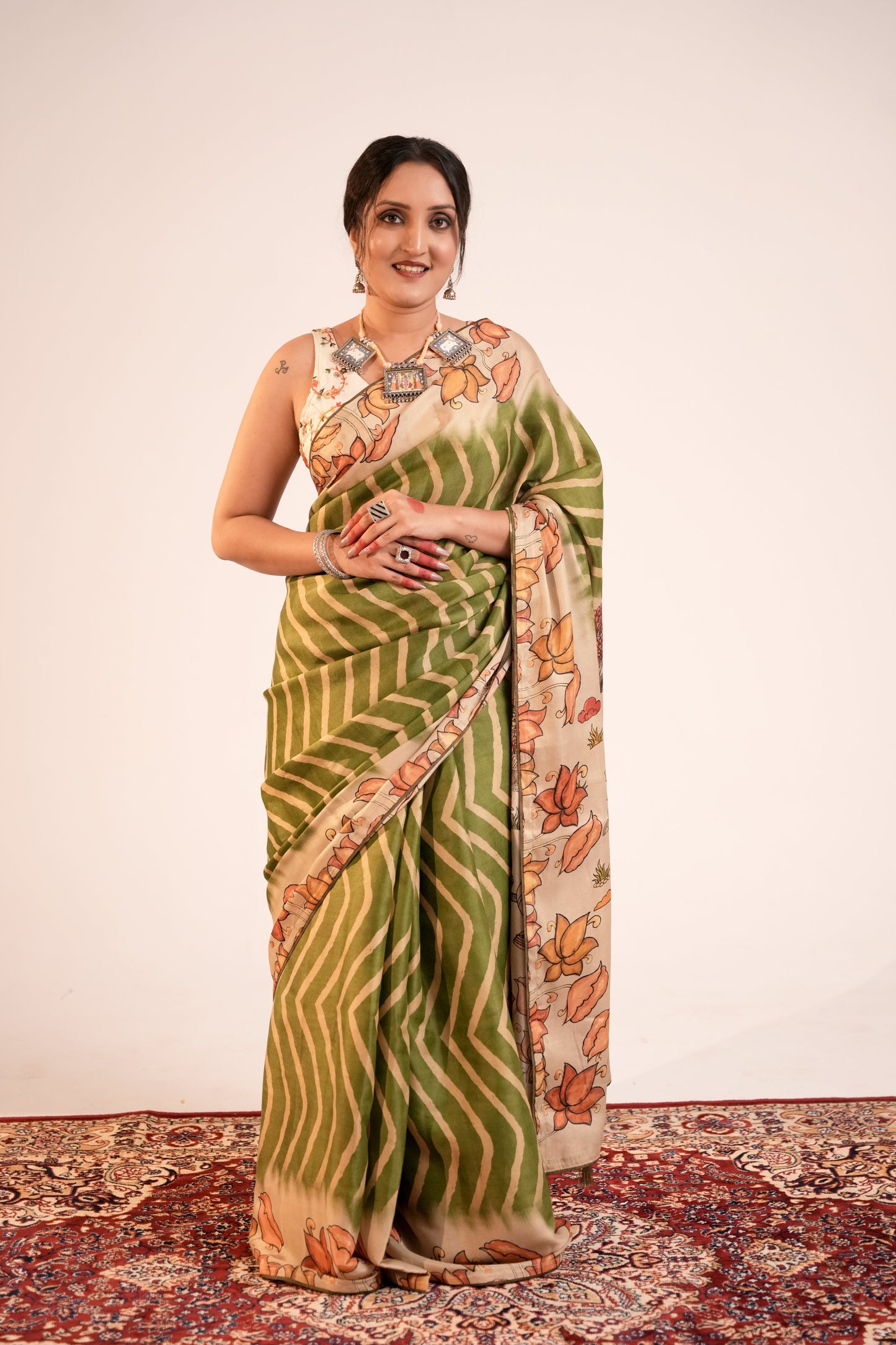 SUNDARBAGH- Green Fusion Print Tussar Silk Saree
