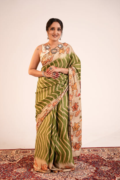 SUNDARBAGH- Green Fusion Print Tussar Silk Saree