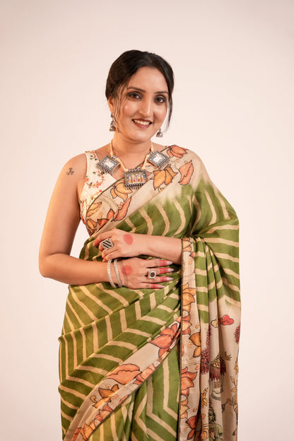 SUNDARBAGH- Green Fusion Print Tussar Silk Saree