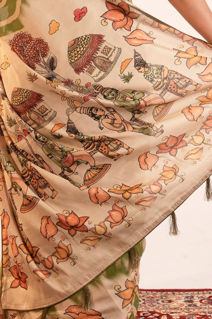 SUNDARBAGH- Green Fusion Print Tussar Silk Saree