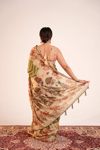 SUNDARBAGH- Green Fusion Print Tussar Silk Saree