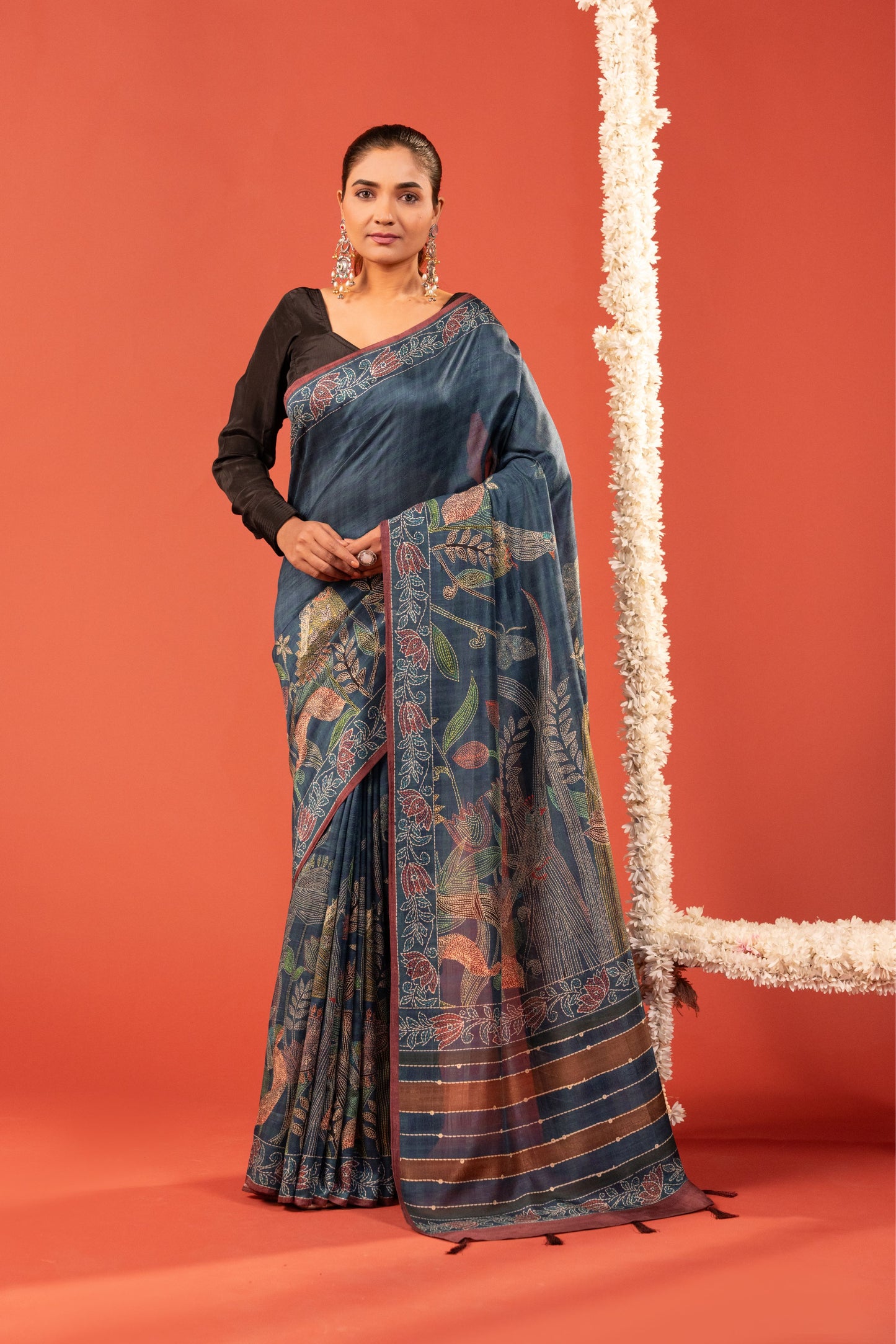 PHOOL REKHA- Indigo Floral Katha Tussar Silk Saree