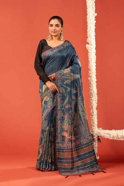 PHOOL REKHA- Indigo Floral Katha Tussar Silk Saree