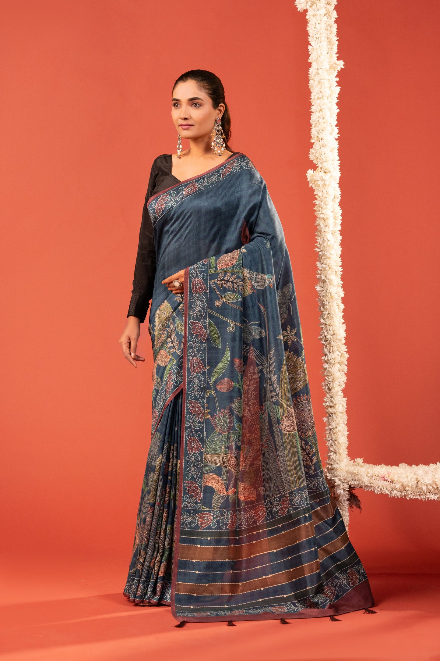 PHOOL REKHA- Indigo Floral Katha Tussar Silk Saree