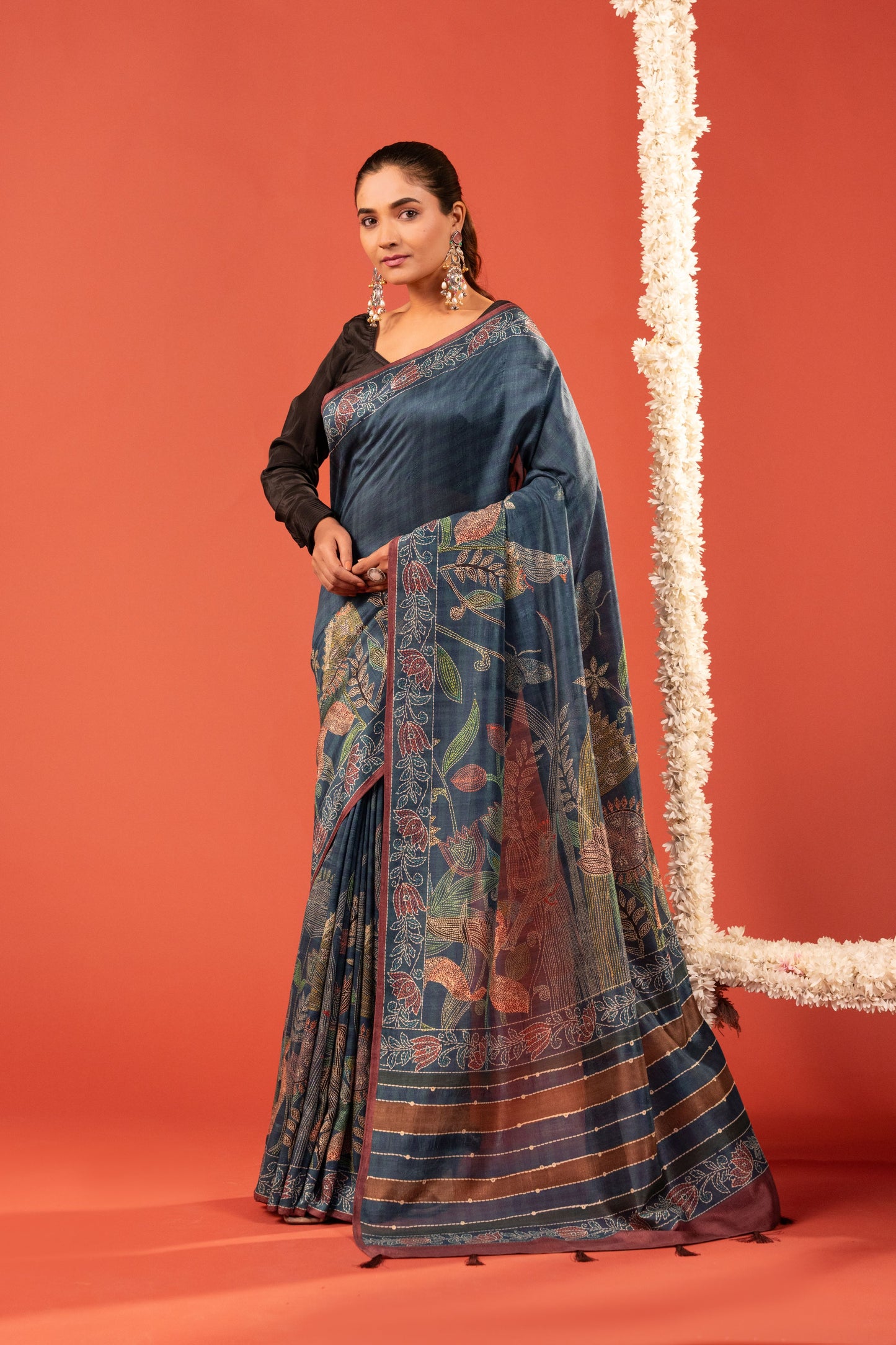 PHOOL REKHA- Indigo Floral Katha Tussar Silk Saree
