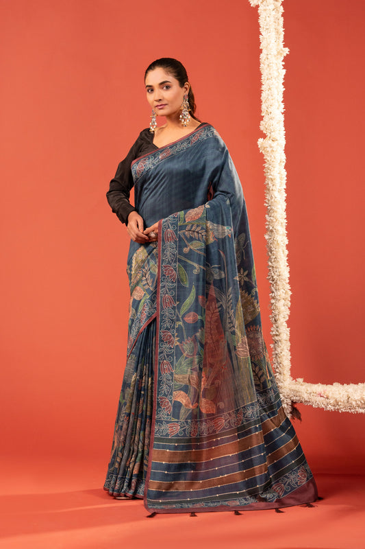 PHOOL REKHA- Indigo Floral Katha Tussar Silk Saree