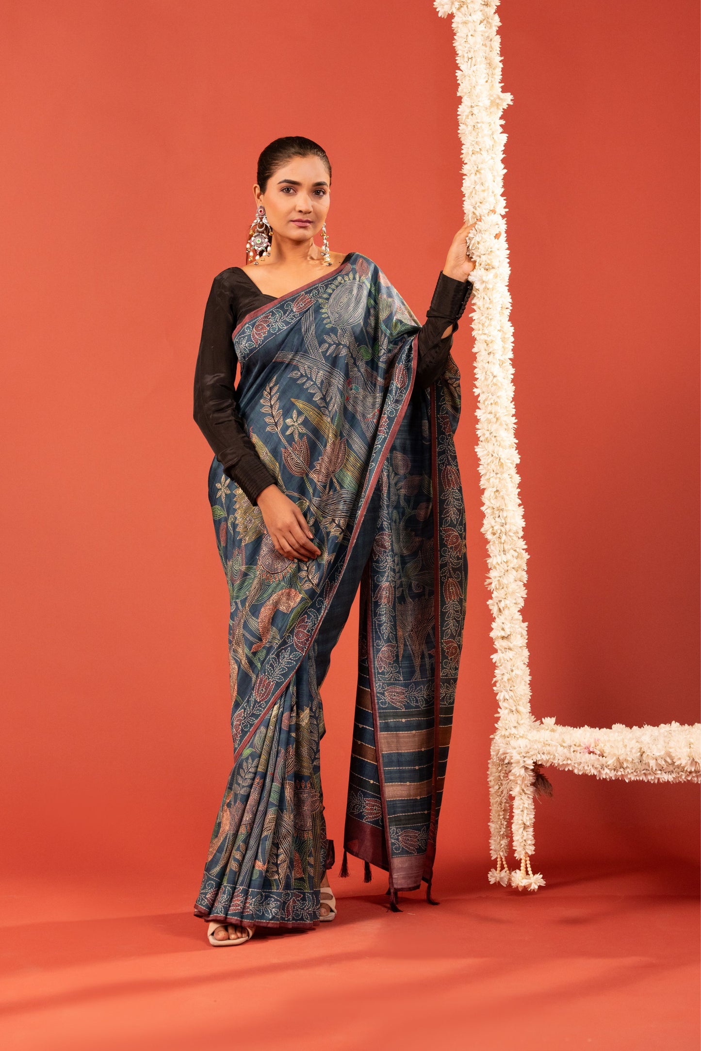 PHOOL REKHA- Indigo Floral Katha Tussar Silk Saree