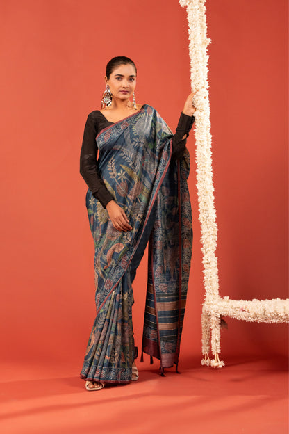 PHOOL REKHA- Indigo Floral Katha Tussar Silk Saree