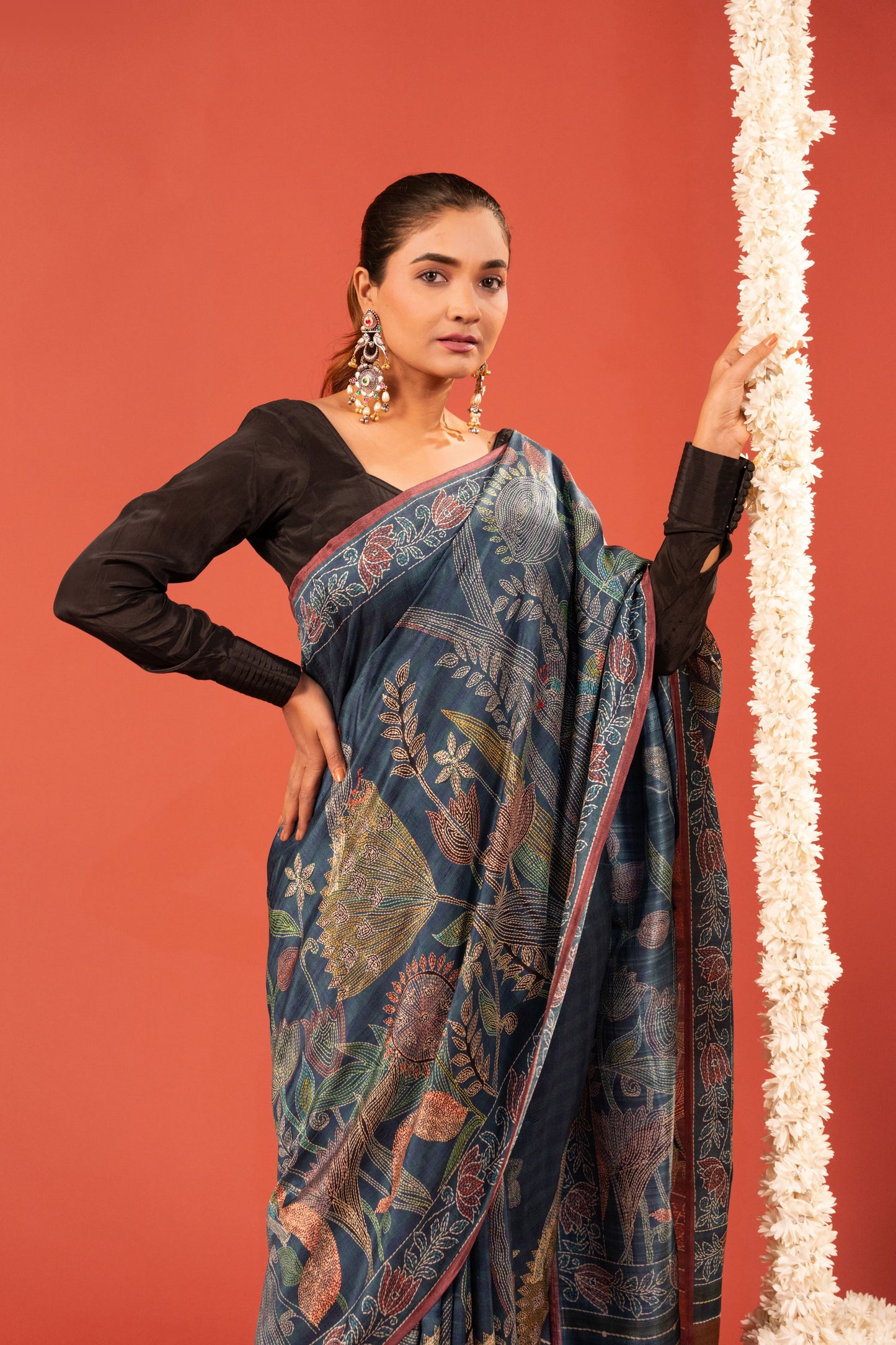 PHOOL REKHA- Indigo Floral Katha Tussar Silk Saree