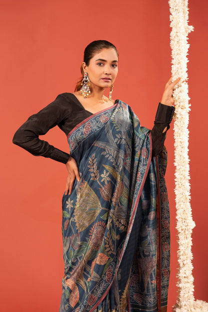 PHOOL REKHA- Indigo Floral Katha Tussar Silk Saree