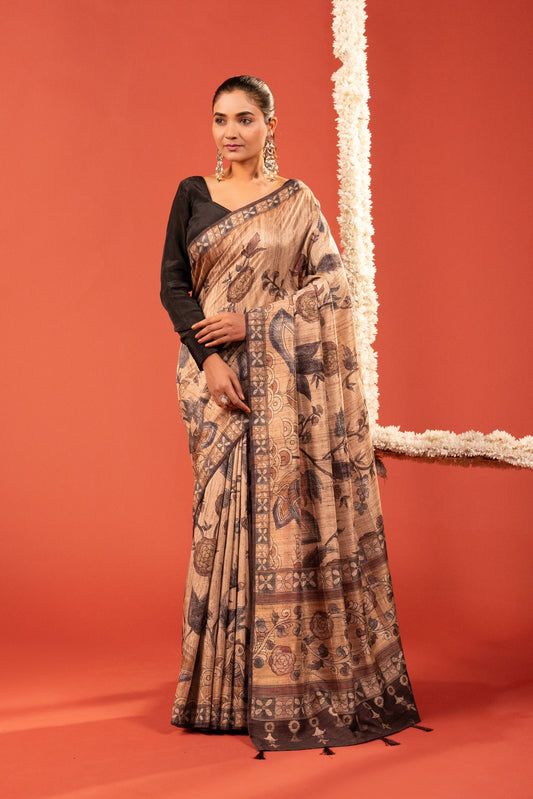 RUST & ROSES – Floral Printed German Silk Saree
