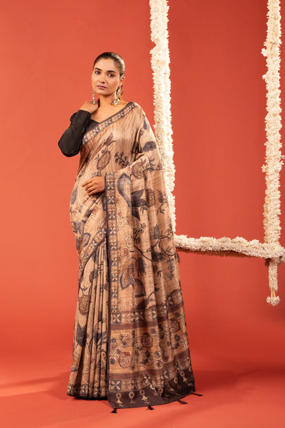 RUST & ROSES – Floral Printed German Silk Saree