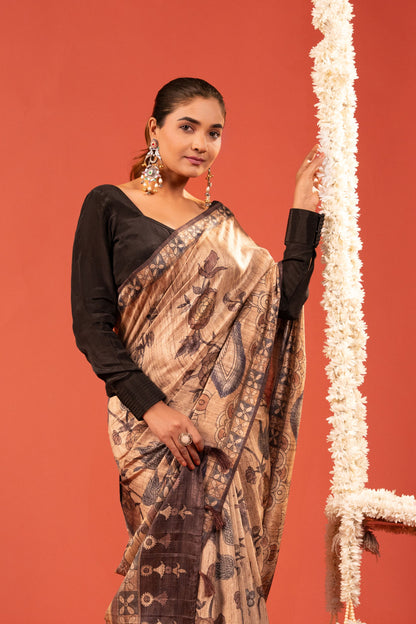 RUST & ROSES – Floral Printed German Silk Saree