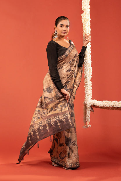 RUST & ROSES – Floral Printed German Silk Saree