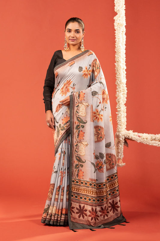 GULDASTA-  Floral Printed German Silk Saree