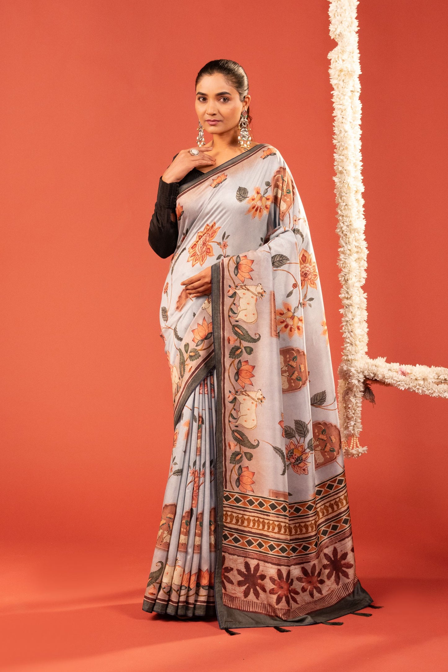 GULDASTA-  Floral Printed German Silk Saree