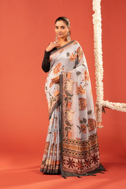 GULDASTA-  Floral Printed German Silk Saree
