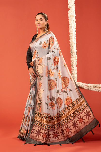 GULDASTA-  Floral Printed German Silk Saree