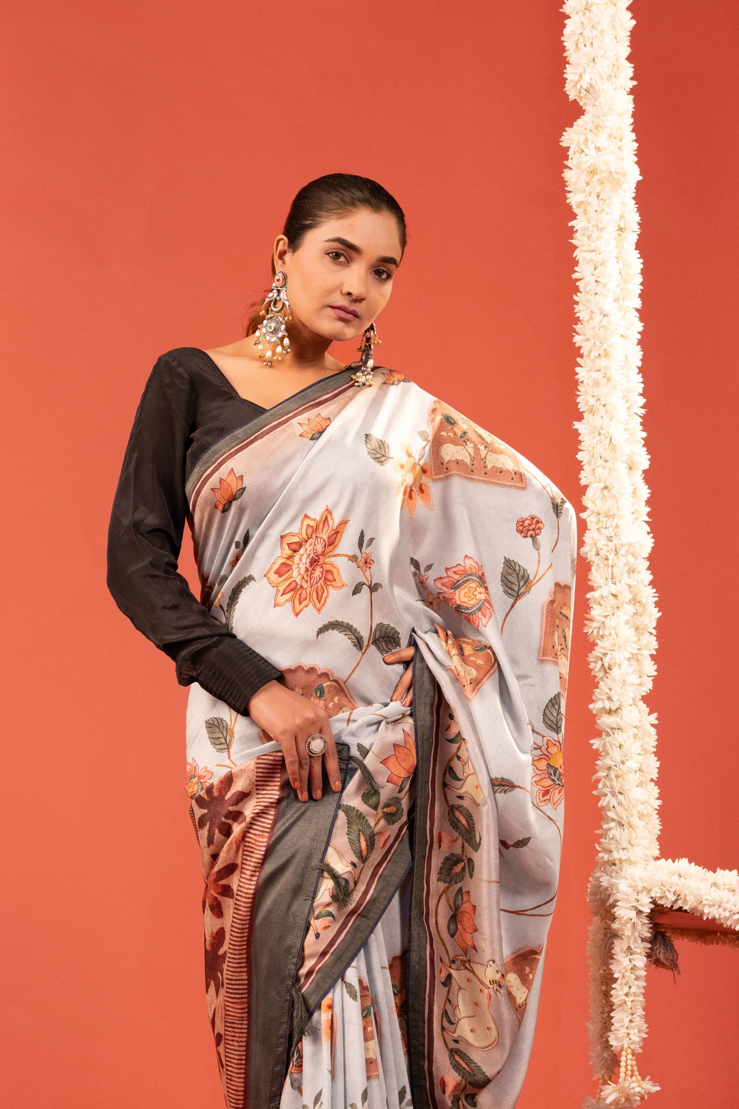 GULDASTA-  Floral Printed German Silk Saree