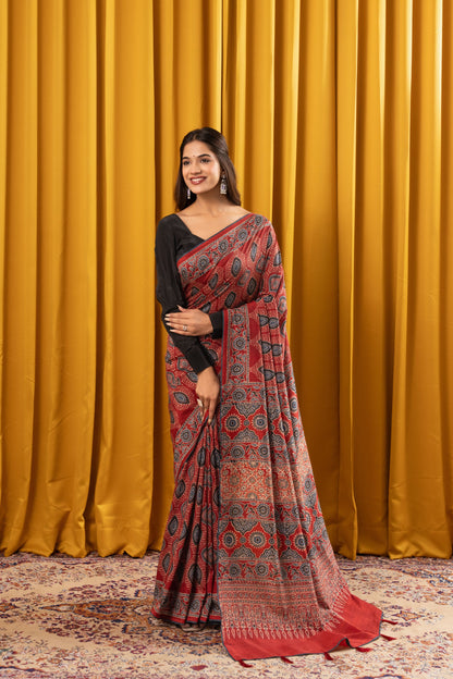 SINDOORI- Red Ajrakh Tussar Silk Saree