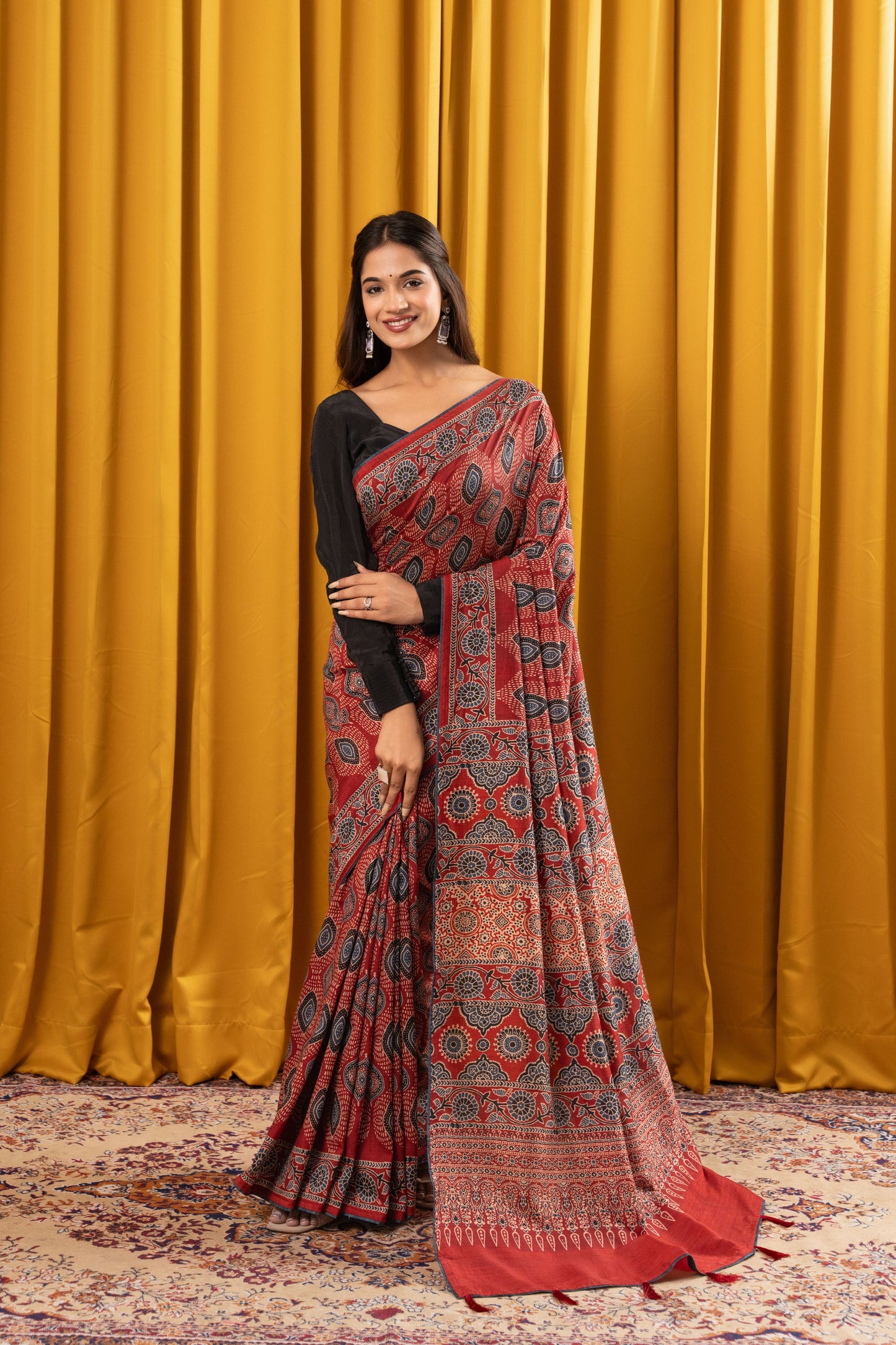 SINDOORI- Red Ajrakh Tussar Silk Saree