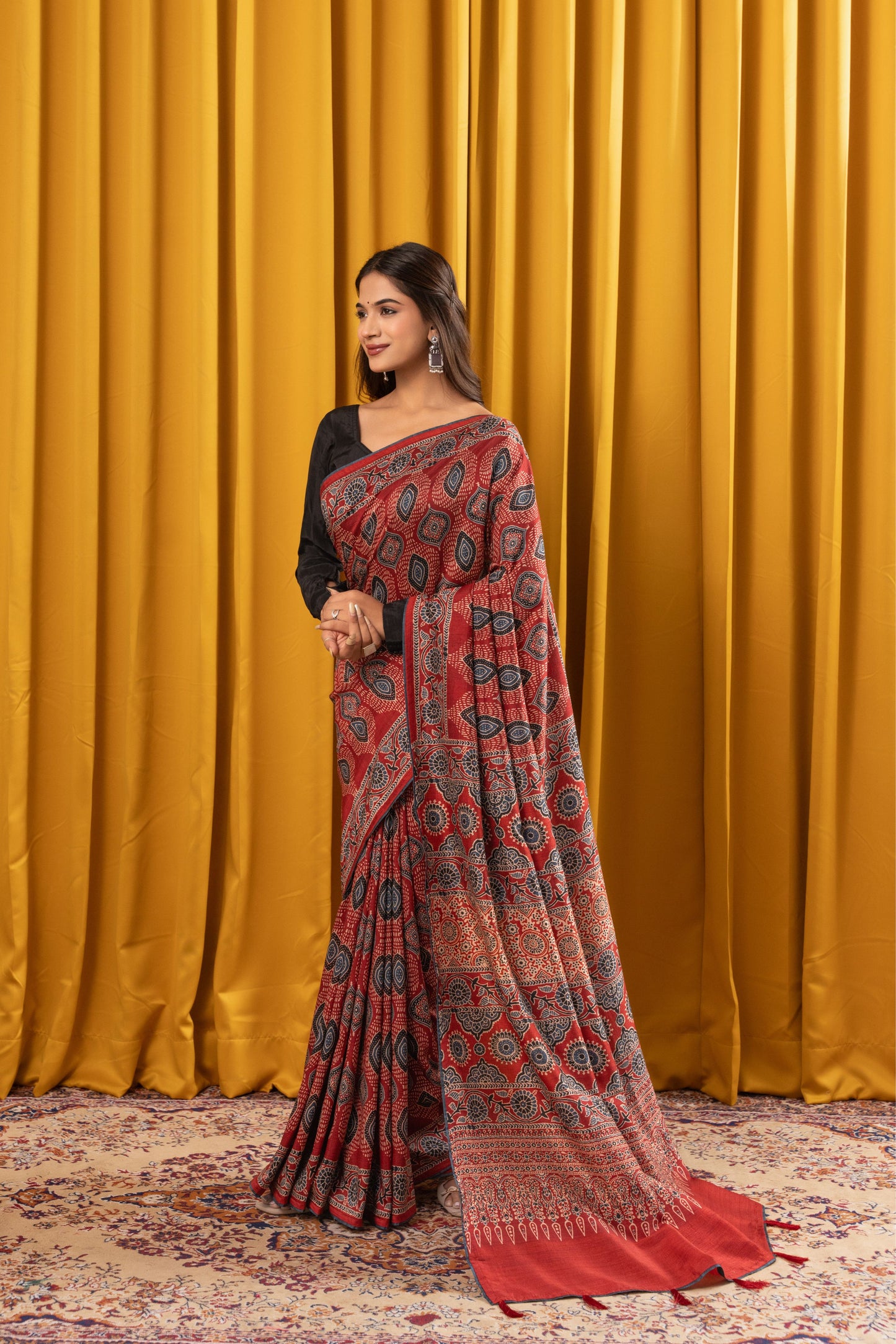 SINDOORI- Red Ajrakh Tussar Silk Saree