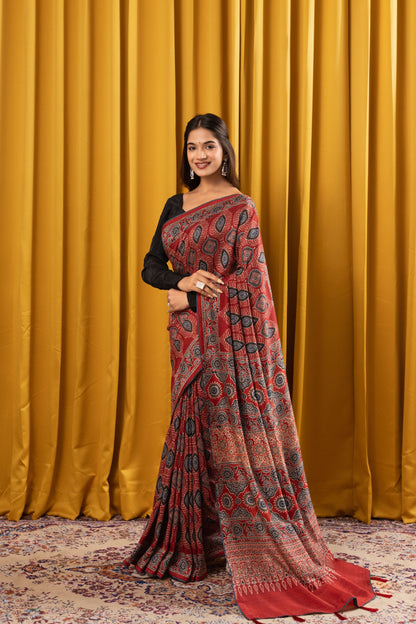 SINDOORI- Red Ajrakh Tussar Silk Saree