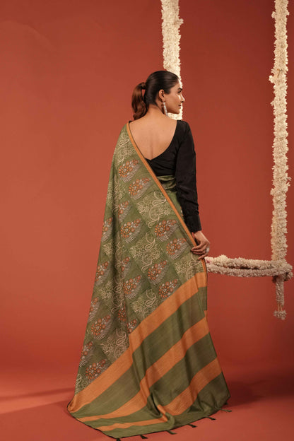 OLIVE-O-CLOCK-  Floral Tussar Silk Saree