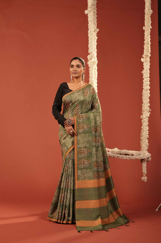 OLIVE-O-CLOCK-  Floral Tussar Silk Saree