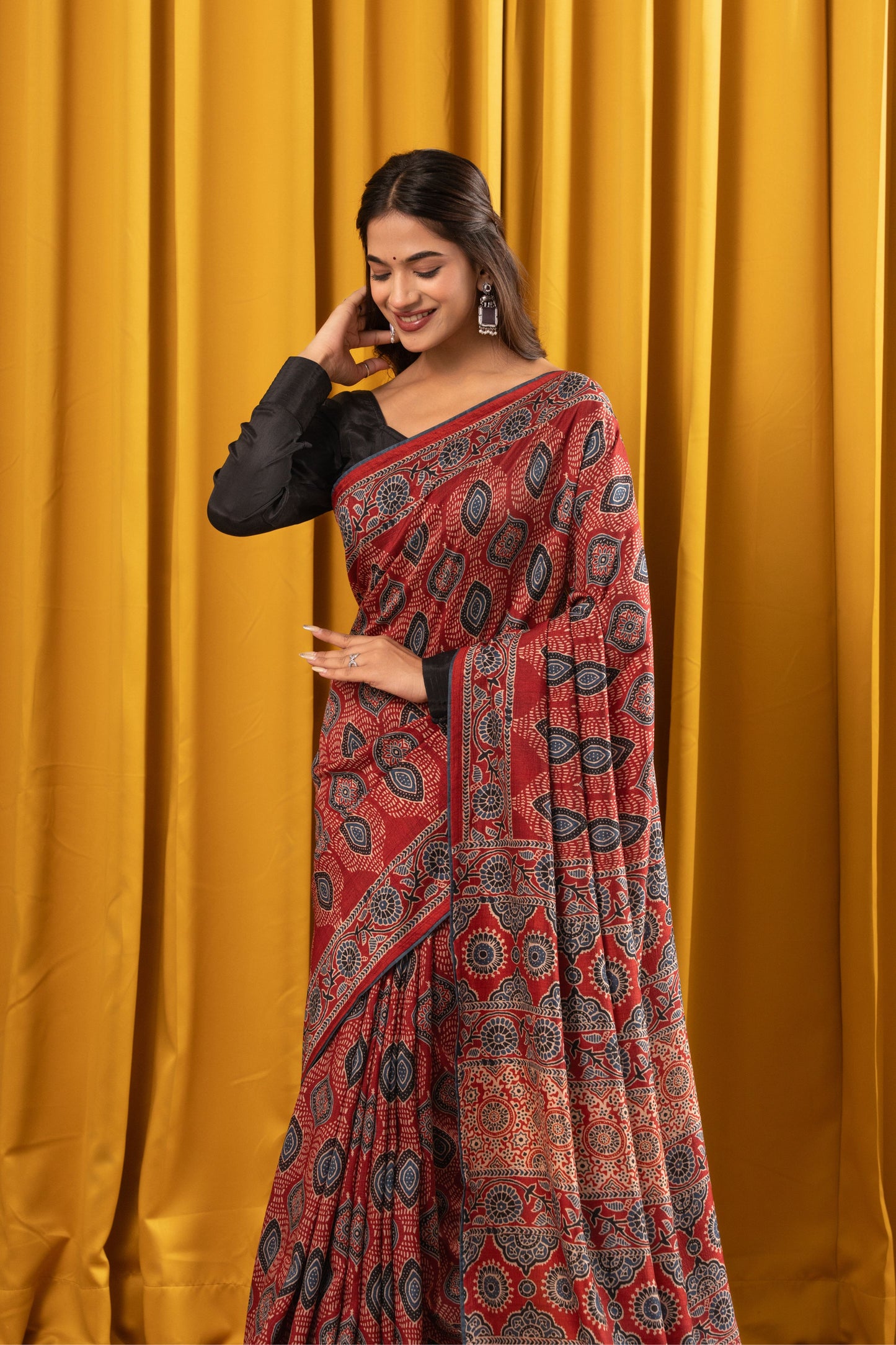 SINDOORI- Red Ajrakh Tussar Silk Saree
