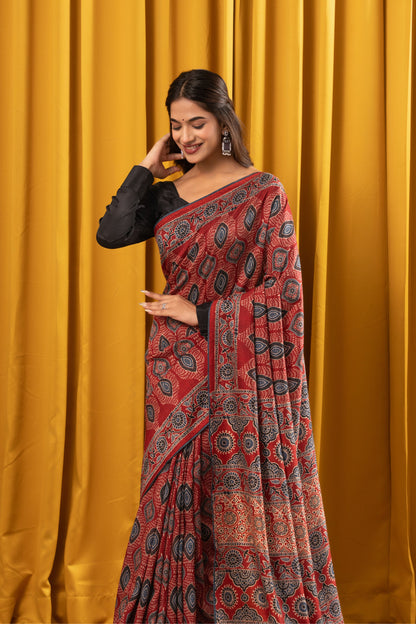 SINDOORI- Red Ajrakh Tussar Silk Saree